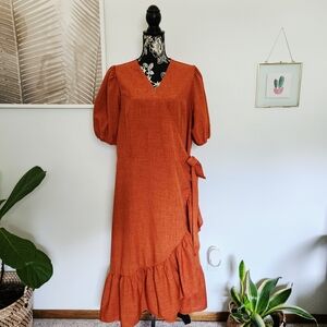 WDIRARA Stylish Rust Orange Textured Wrap Dress with Ruffle Hem - Size XL
